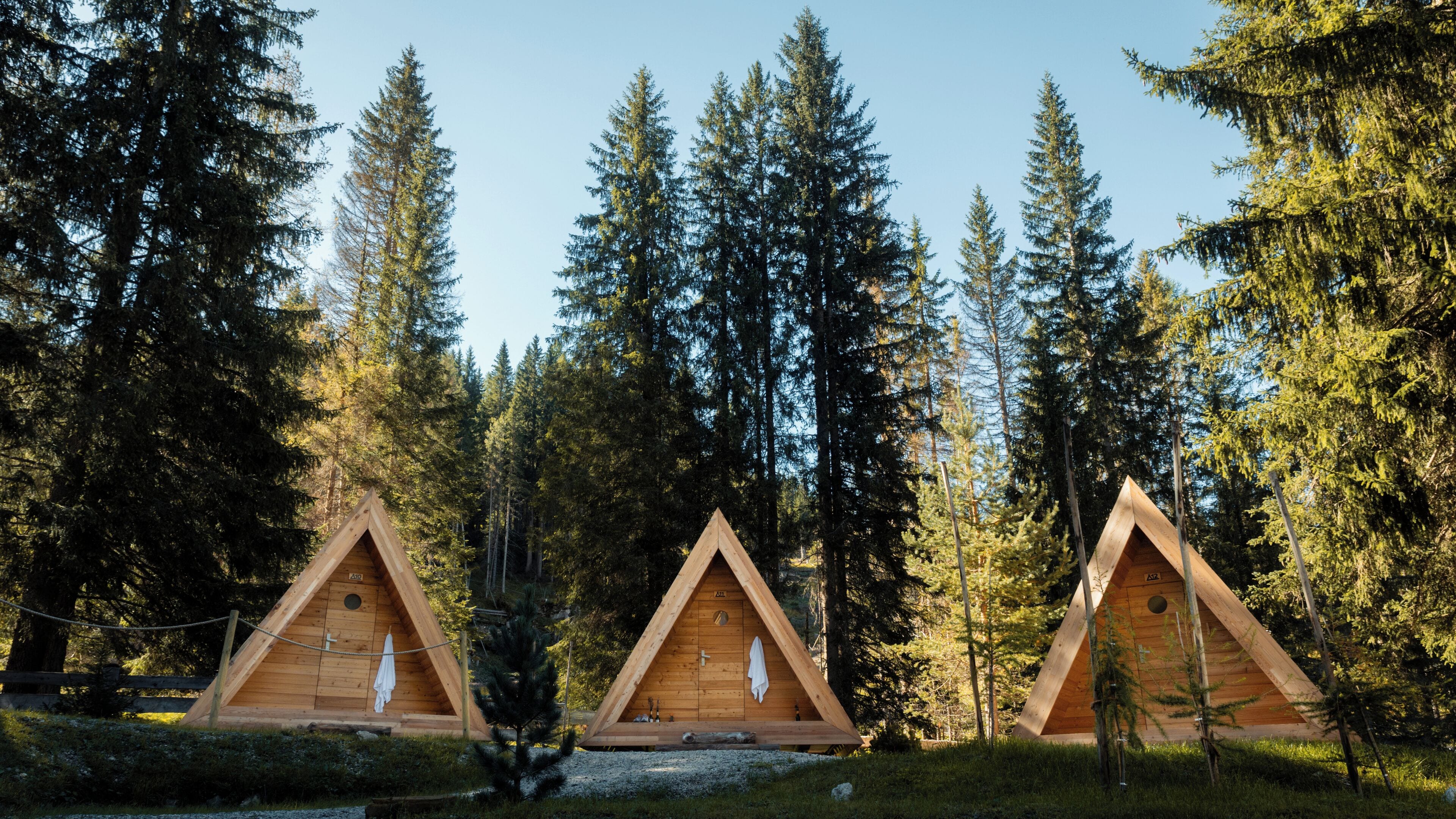 Three wooden cabins in a forest.