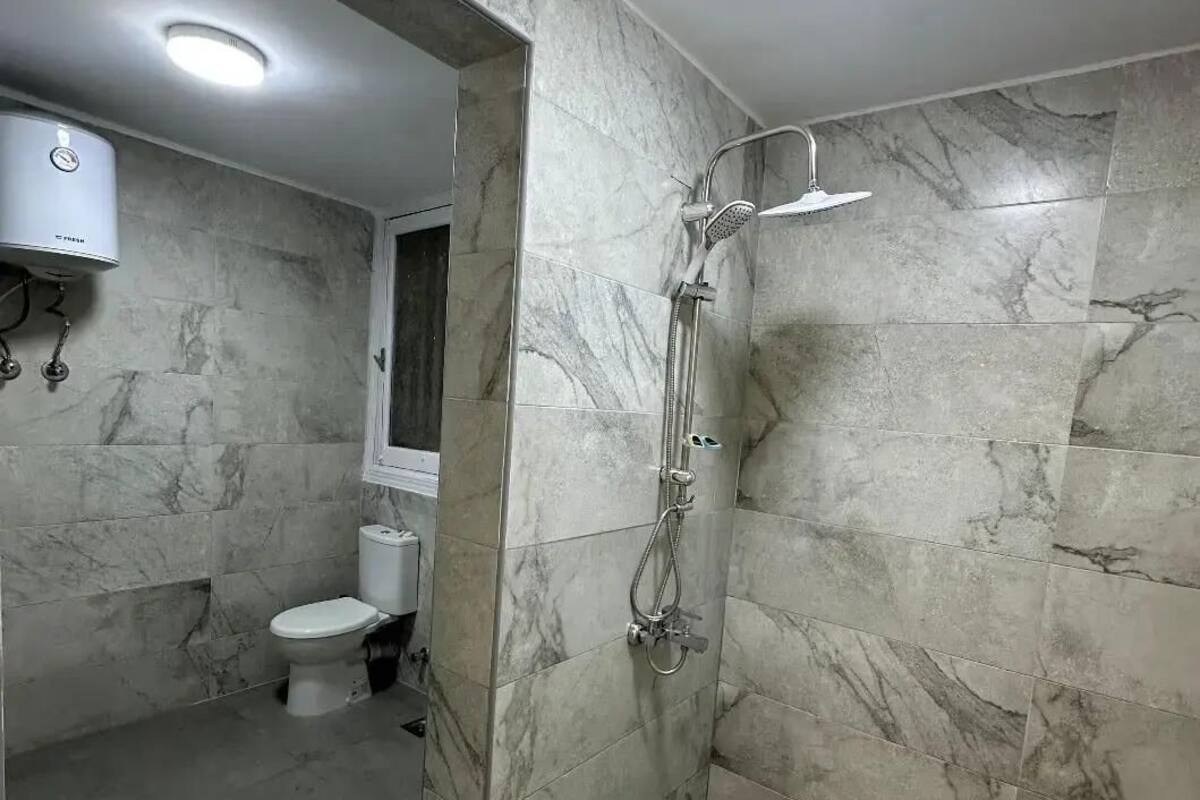 Un bagno con doccia, WC e termosifone a parete.