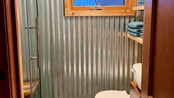 Shower, hair dryer, soap, shampoo