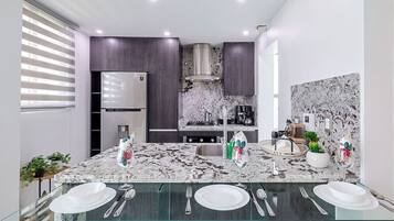 Fridge, microwave, oven, stovetop