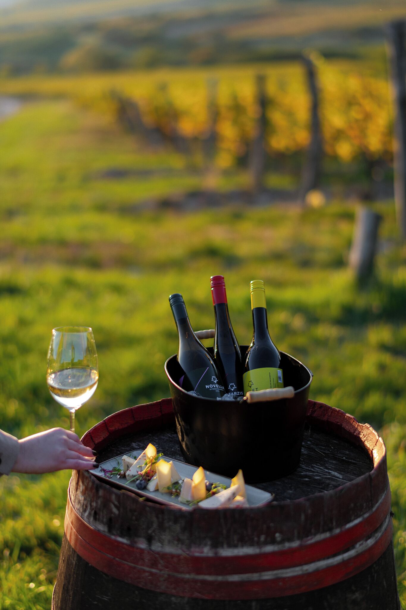 Une bouteille de vin et un verre posés sur une barrique, avec une bougie, le tout installé à l’extérieur.