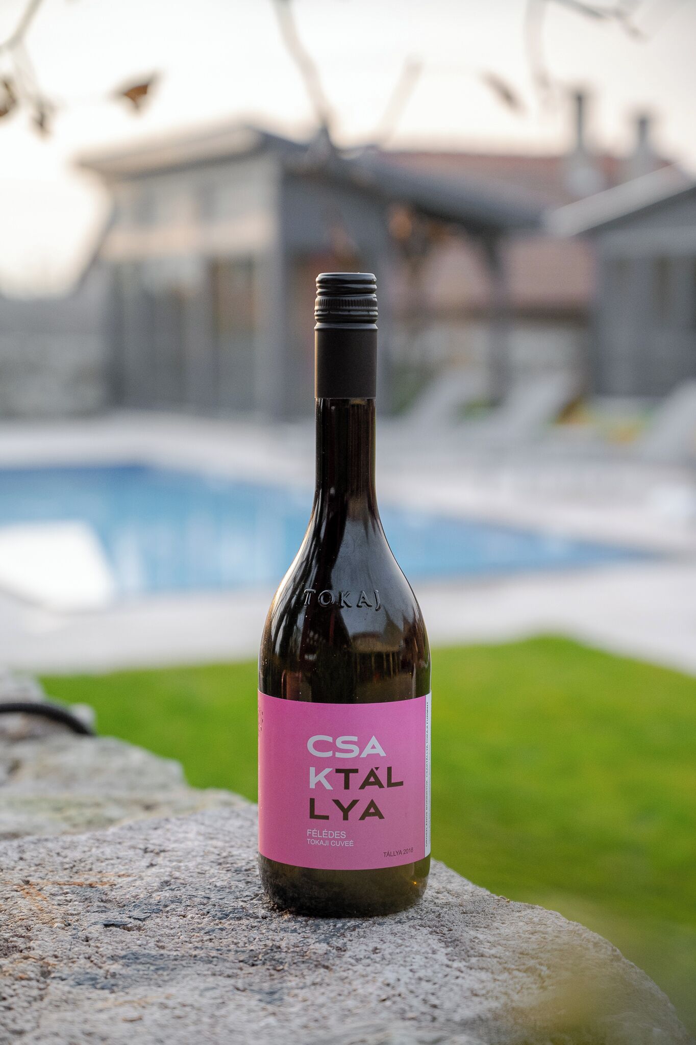 Una botella de vino CSA KATAL LYA sobre una superficie de piedra, con un fondo borroso de una piscina y edificios.