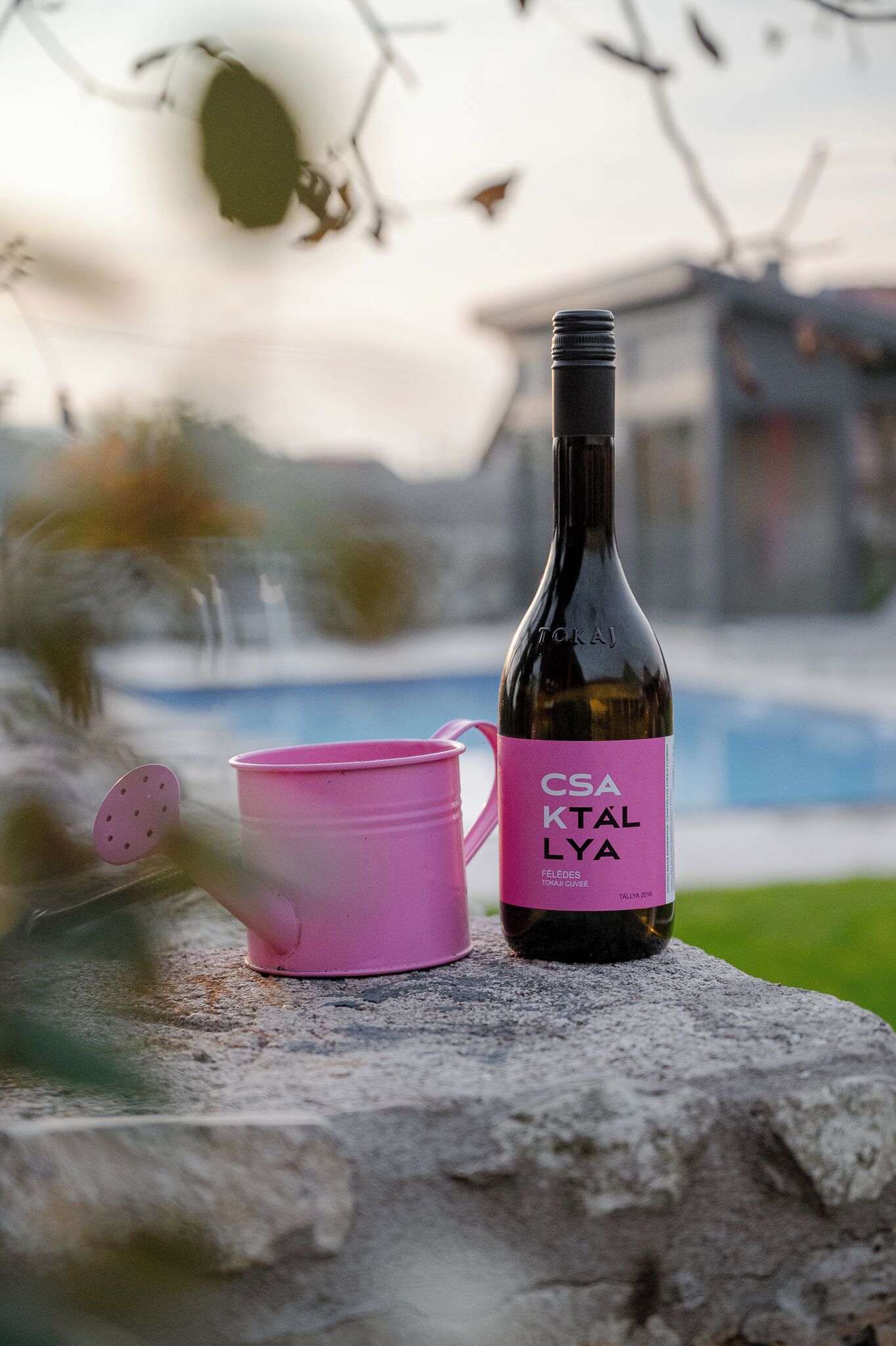 Una botella de vino y una taza rosa sobre una superficie de piedra con fondo desenfocado.