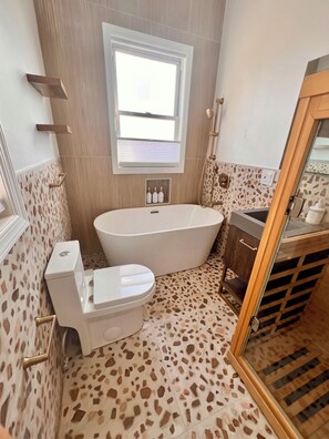 Shower, towels, soap, shampoo
