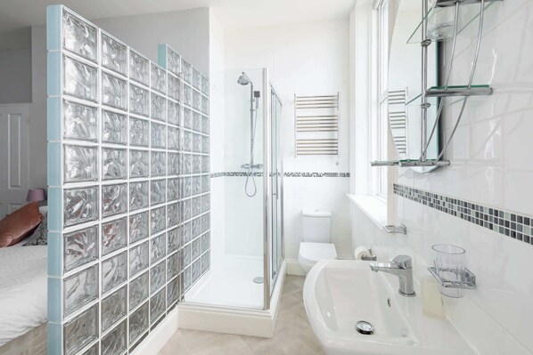 Shower, hair dryer, towels