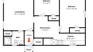 Un plano de planta que muestra una sala de estar, dos dormitorios, un comedor, una cocina, un baño y un porche.