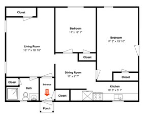 A floor plan with a living room, two bedrooms, a dining room, a kitchen, a bathroom, and a porch. - Pleasure Pier Retreat #3 | Fenced Backyard & Great Location (Galveston)