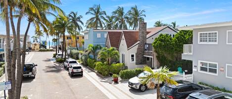 A residential street lined with palm trees and houses, featuring a paved road and parked cars.