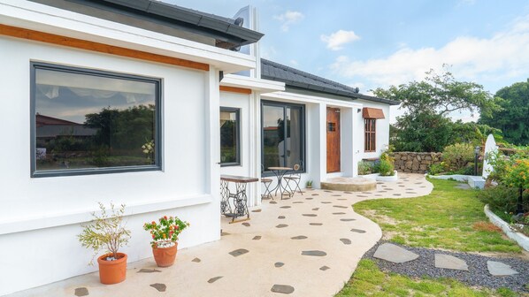 A modern house with a patio, potted plants, and a stone pathway.