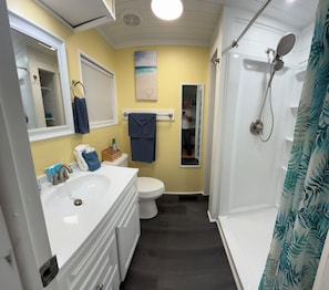 Shower, hair dryer, towels, toilet paper