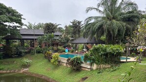 A pool area with a small pond, surrounded by grass and tropical plants. - Palette Luxe Elephant Camp Maerim (Mae Rim)