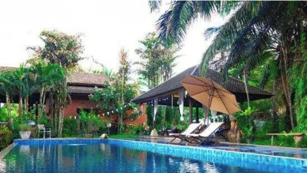 A swimming pool with lounge chairs and umbrellas, surrounded by tropical vegetation and a building with a thatched roof. - Palette Luxe Elephant Camp Maerim (Mae Rim)