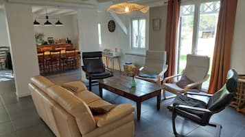 TV, fireplace, books, video library