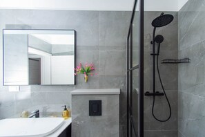 Shower, jetted tub, hair dryer, bidet