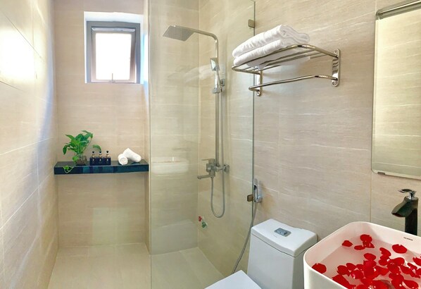 Shower, hair dryer, slippers, bidet