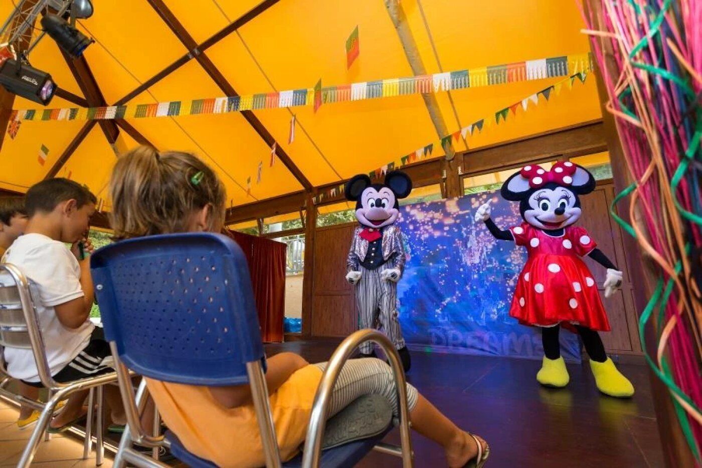 Mickey and Minnie Mouse performing on stage with a colorful backdrop.