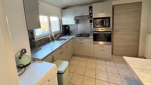 A modern kitchen with stainless steel appliances, a window, and a wooden ceiling. - L'escapade du cheval blanc, 3 borders, secure parking  (Kembs)
