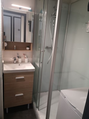 A modern bathroom with a glass shower enclosure, a white sink with a mirror above it, and a wooden cabinet below.
