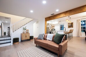 Smart TV, fireplace, books