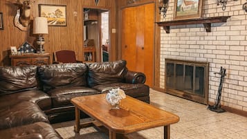 Smart TV, fireplace, books