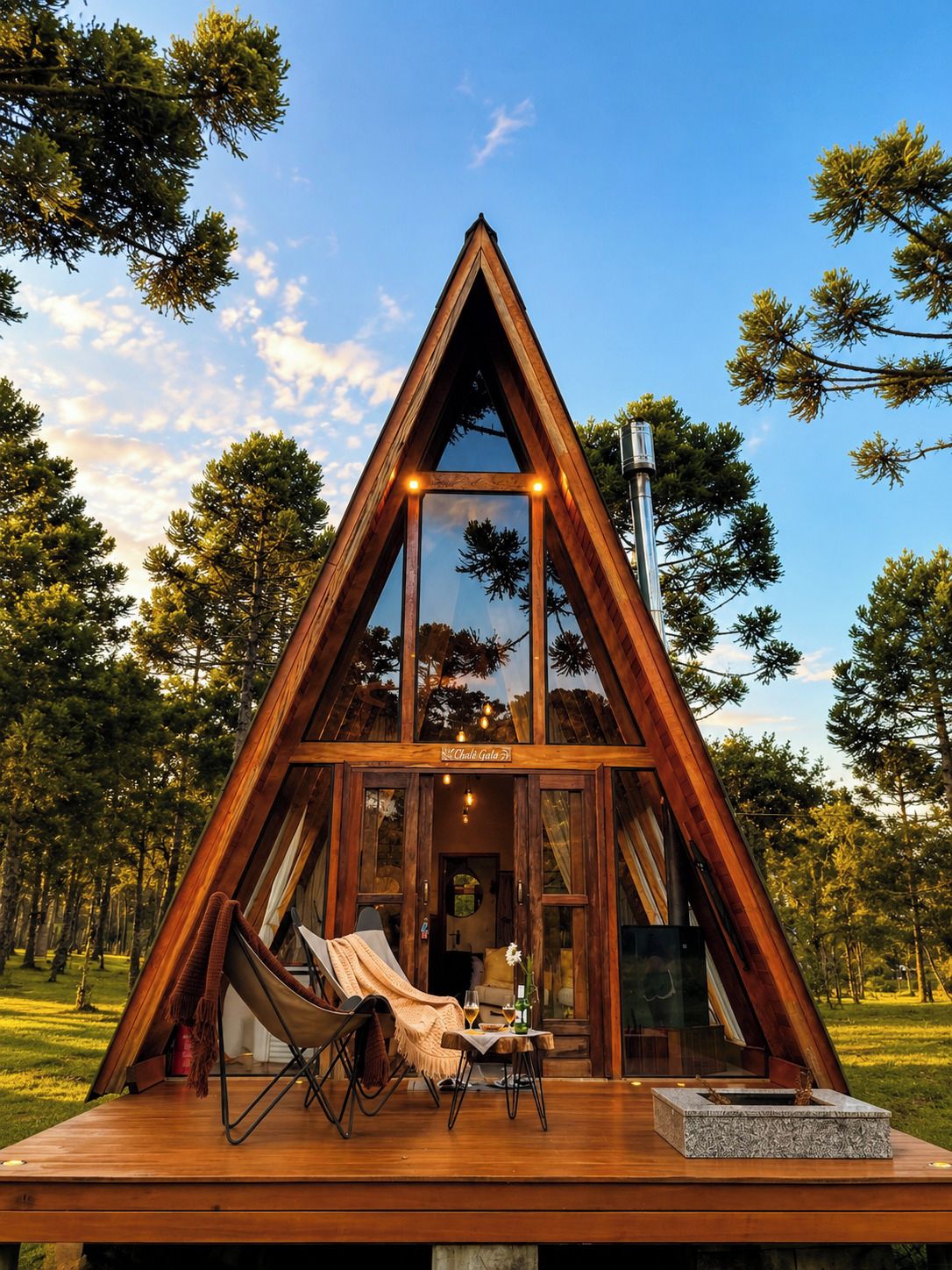 Una cabaña de madera triangular con un frente de vidrio, una hamaca, una mesa con una bebida y una fogata.