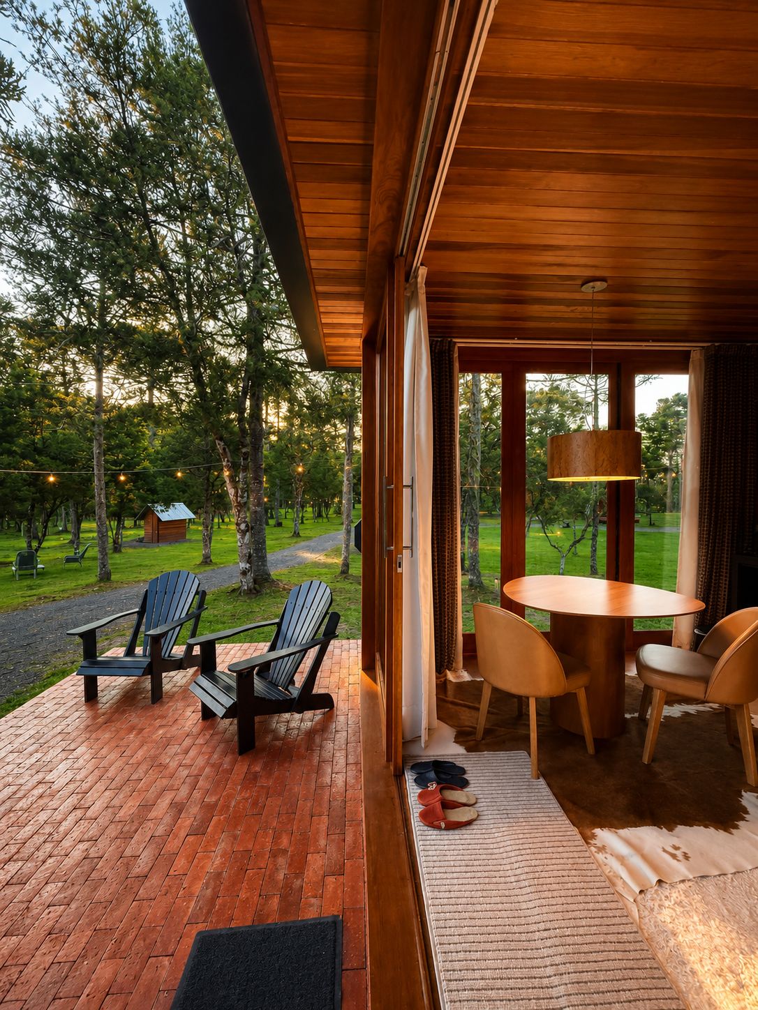 Een houten terras met buitenmeubilair en uitzicht op een bos.