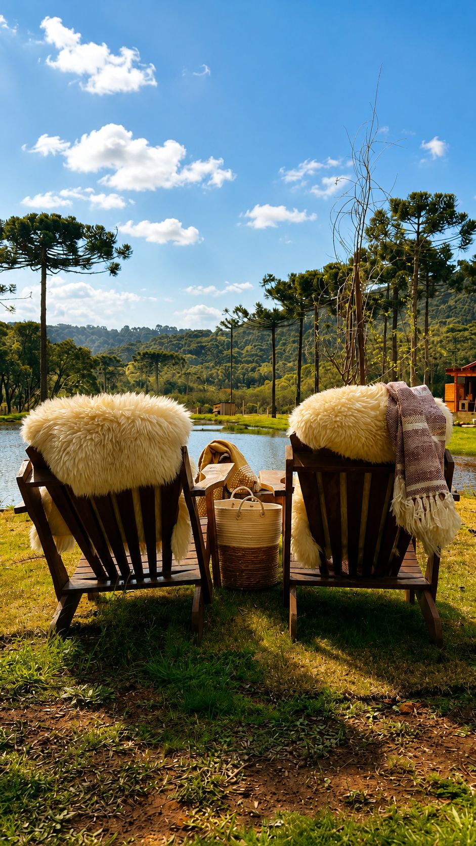 Two wooden chairs with fur throws facing a body of water, surrounded by grass and trees.