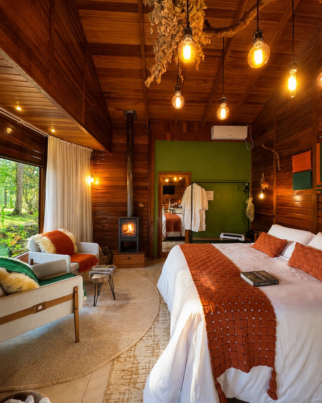 A cozy cabin-style room with a bed, a sofa, a fireplace, and a view of the outdoors.