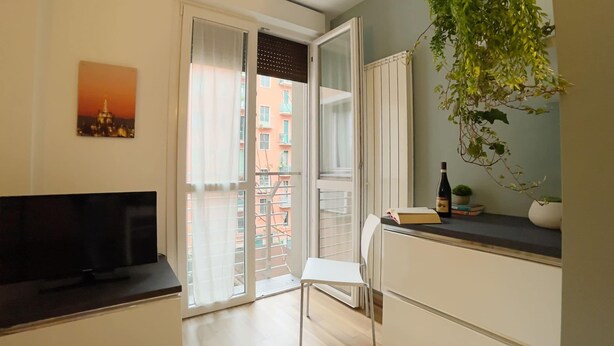 Een modern appartement met balkon, televisie, eethoek en een plant.