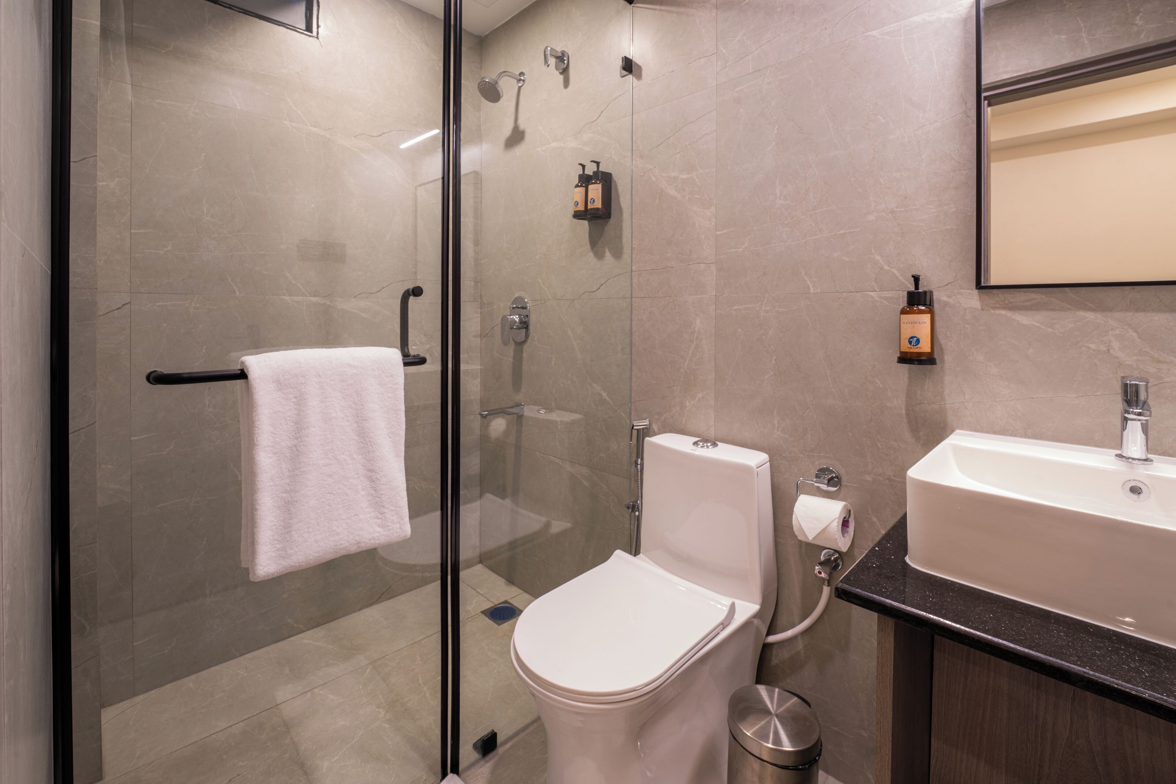 A modern bathroom with a glass-enclosed shower, a white toilet, and a sink with a mirror above it.