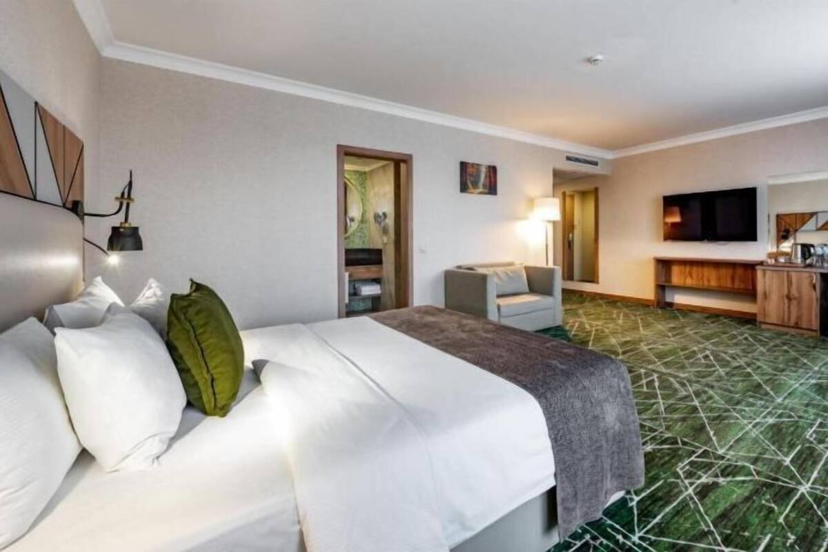 A hotel room with a bed, a desk, a chair, a television, and a patterned carpet.