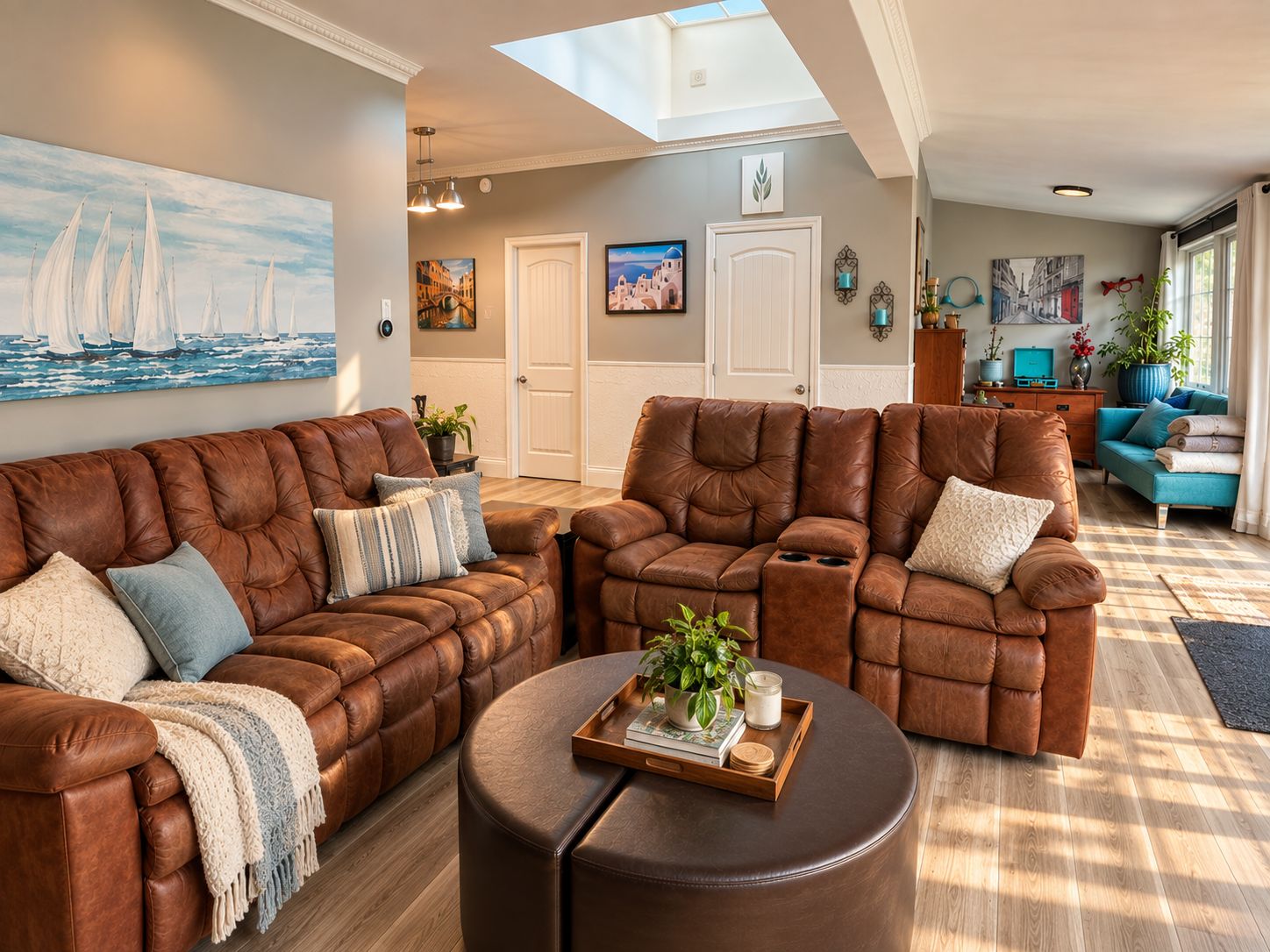 A spacious living room with a brown leather sectional sofa, a round ottoman, and a dining table with a tray of books and a candle.