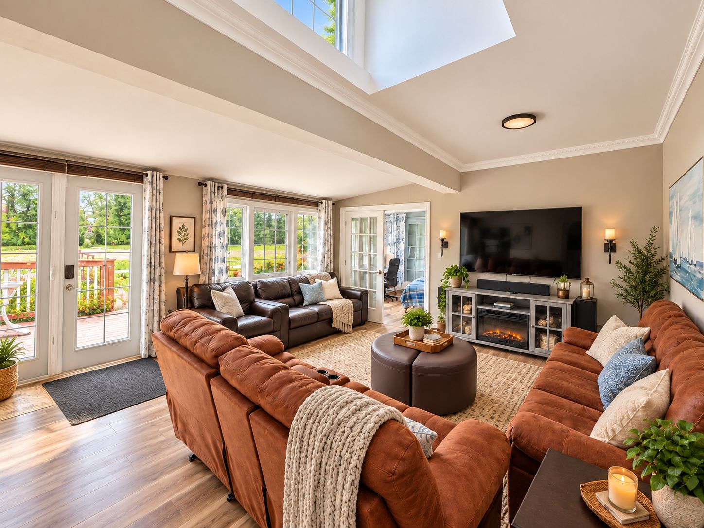 A spacious living room with a large sofa set, a fireplace, and a television.