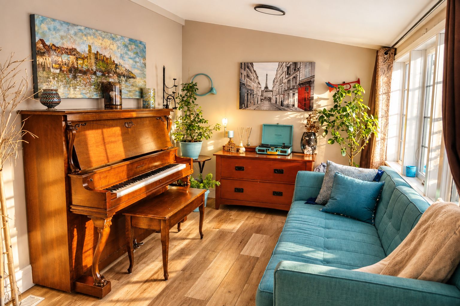 A living room with a grand piano, a sofa, a dresser, and two potted plants.