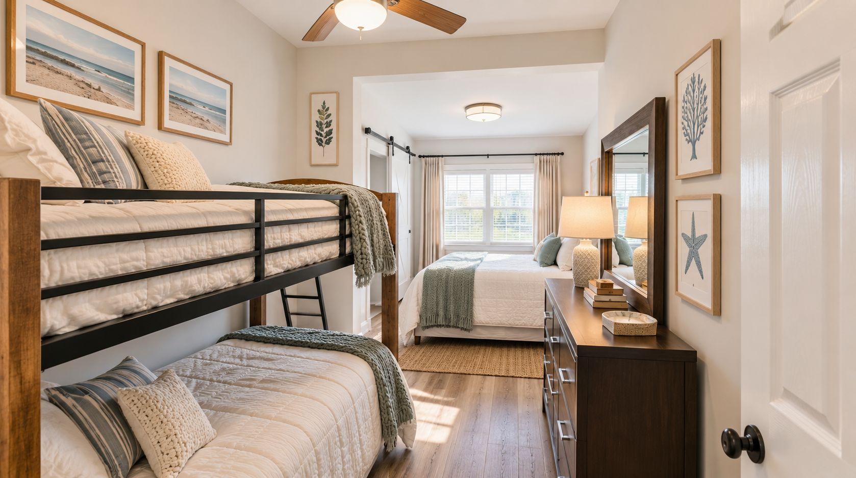A bedroom with bunk beds, a dresser, a mirror, and framed artwork on the walls.