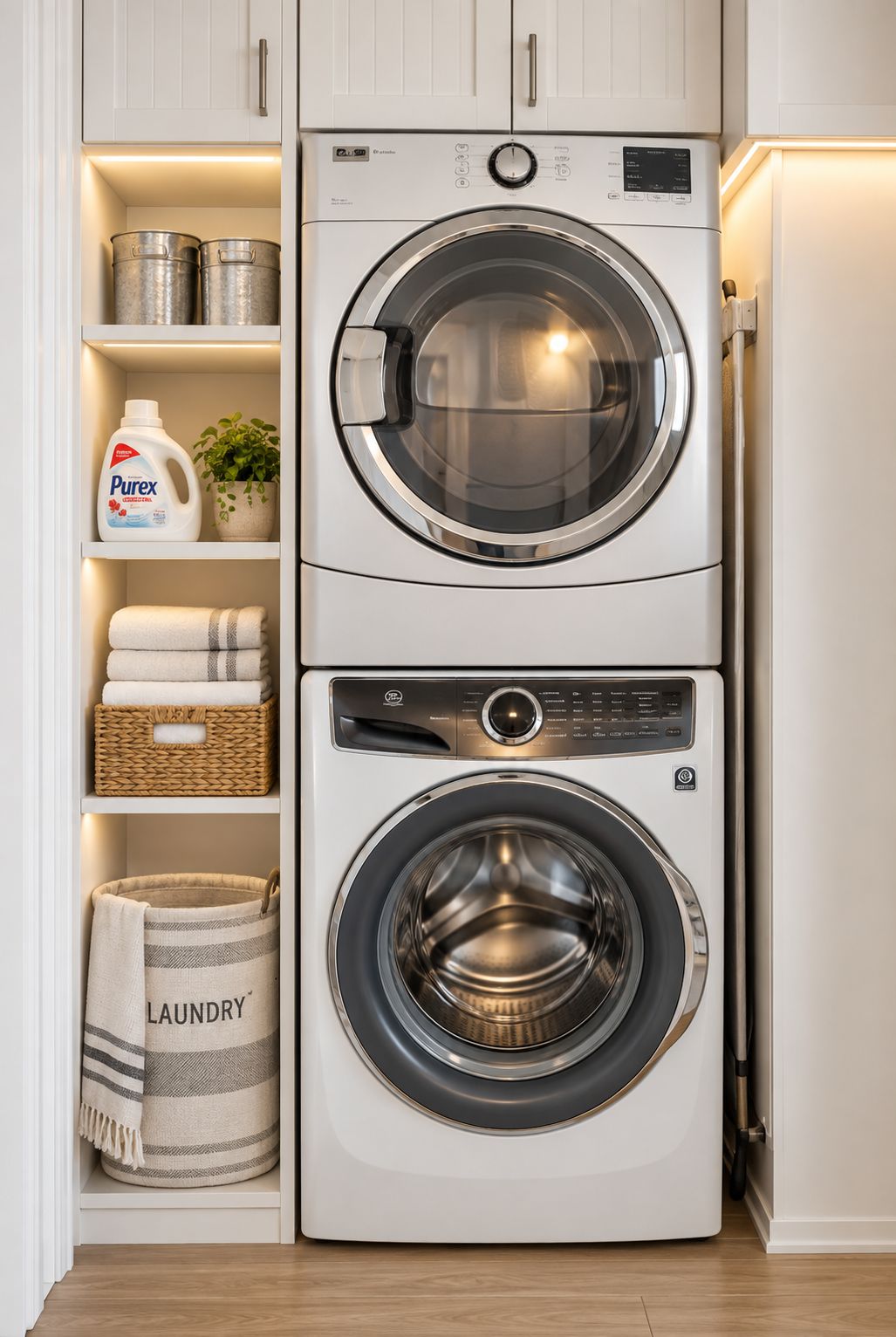 Lavanderia compacta e moderna, com duas máquinas de lavar roupa frontais empilhadas, uma prateleira com produtos de lavagem e uma cesta.