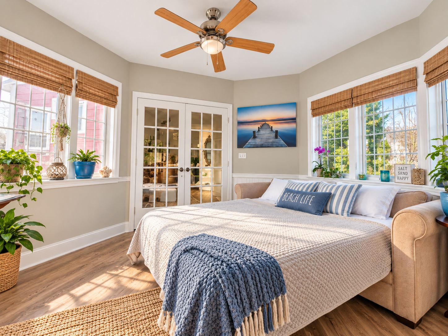 A bedroom with a bed, a ceiling fan, a window with a view, and a door leading to a closet.