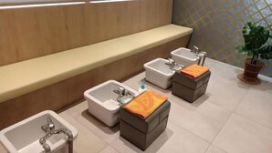 A modern bathroom with a wooden bench, three sinks, and a potted plant.