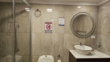 Hair dryer, towels, soap, toilet paper