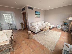 TV, fireplace, books