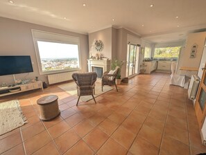 TV, fireplace, books