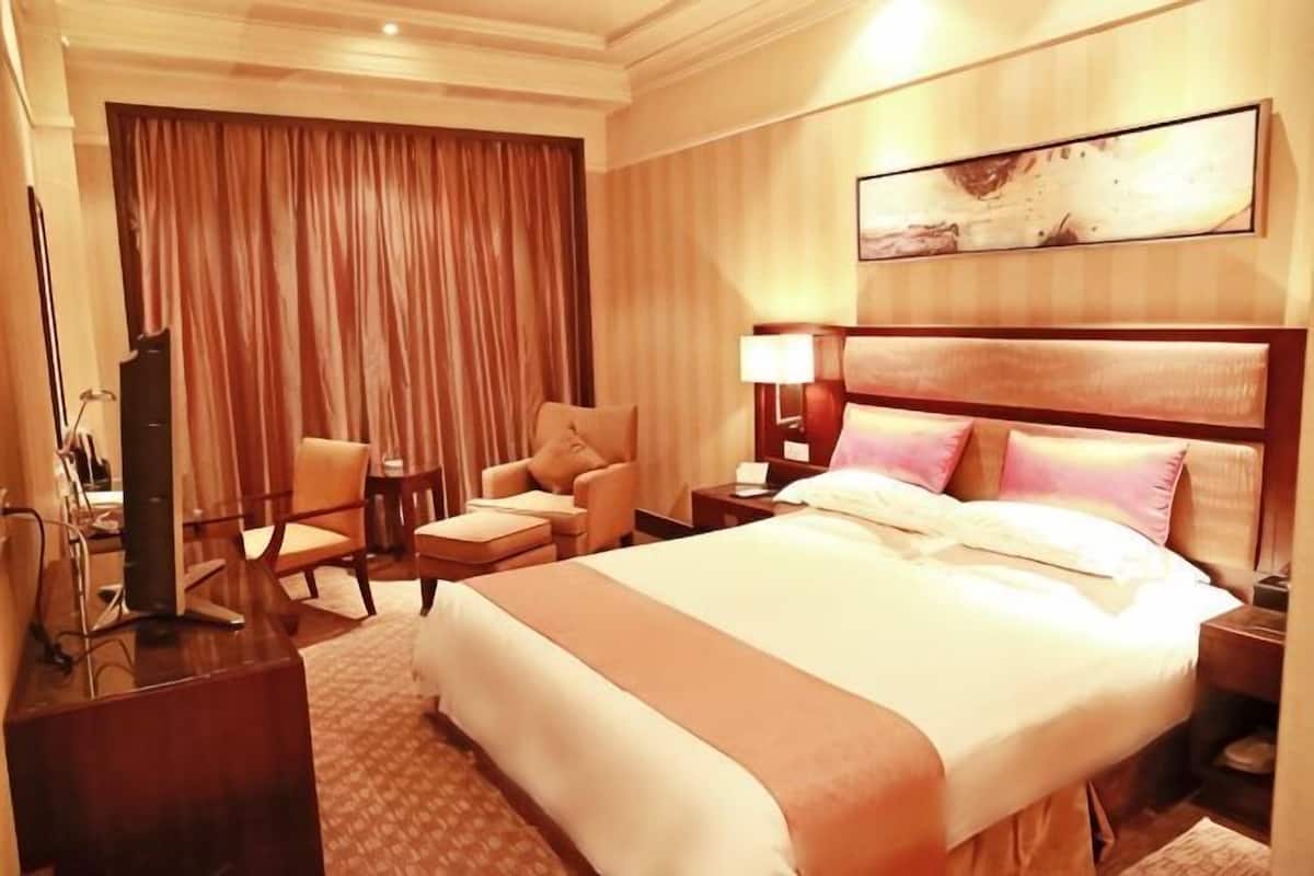 A hotel room with a large bed, a desk, a chair, a TV, and a curtain.
