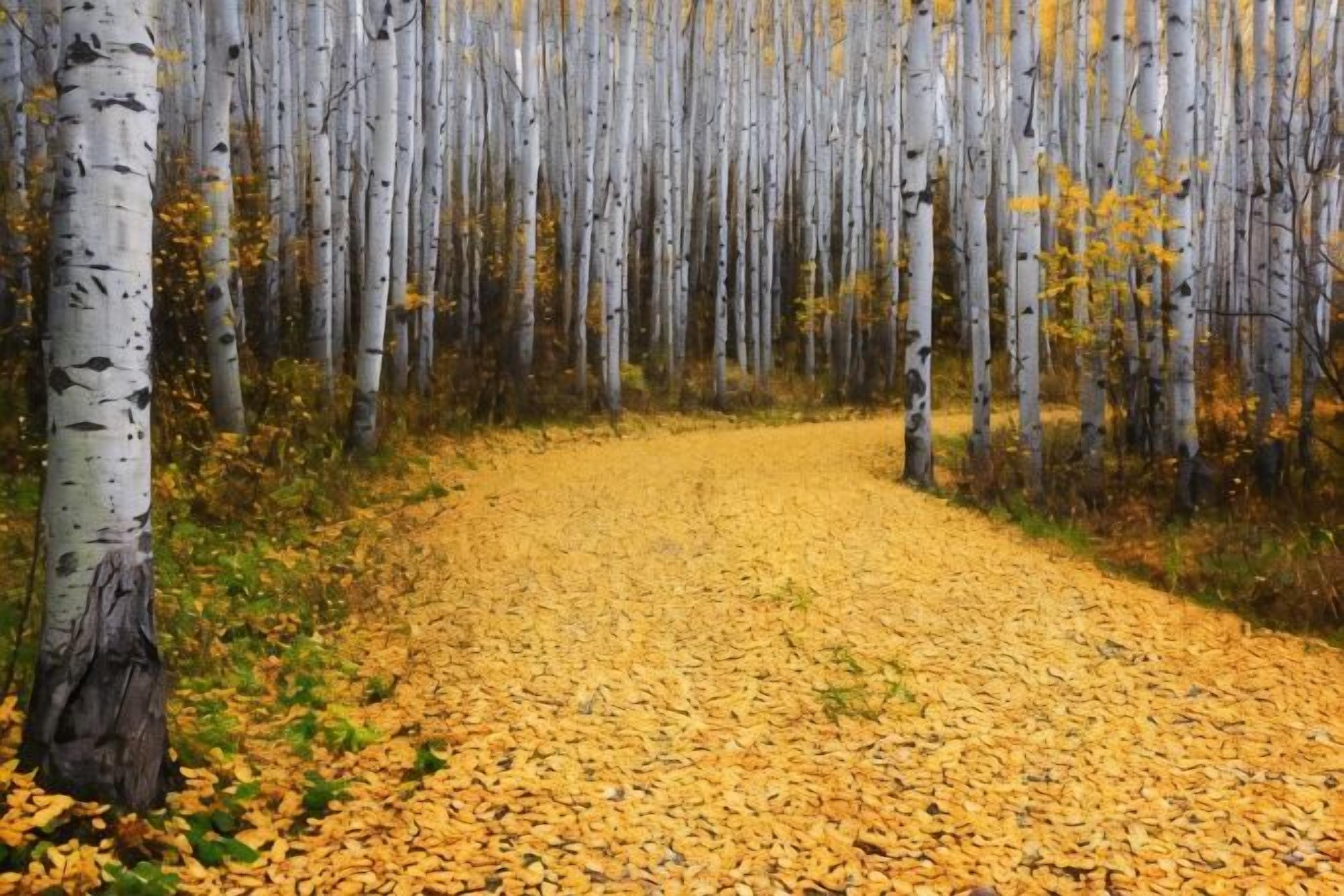 A pathway through a forest with birch trees and yellow leaves on the ground.