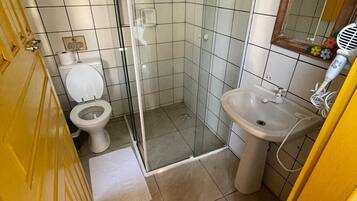 Standaard tweepersoonskamer | Badkamer | Een douche, een haardroger, handdoeken, zeep