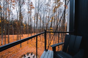 A wooden deck with a black railing overlooking a forest with autumn leaves.
