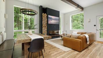 Smart TV, fireplace, books