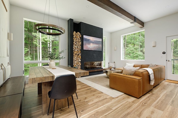 Smart TV, chimenea y libros 