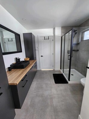 Shower, hair dryer, towels, toilet paper