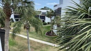Un edificio moderno con techo plano, rodeado de palmeras y un césped cuidado.