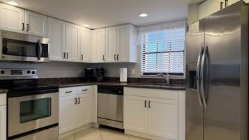 A modern kitchen with white cabinets, stainless steel appliances, and a window with blinds.